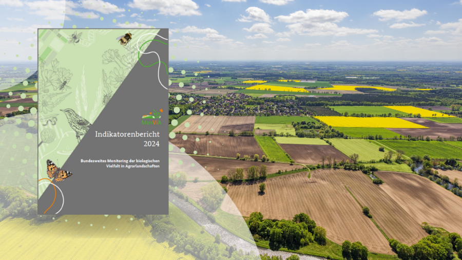 Im Hintergrund ist ein Luftbild einer Agrarlandschaft zu sehen. Im Vordergrund ist das Deckblatt des MonViA Indikatorenberichts.