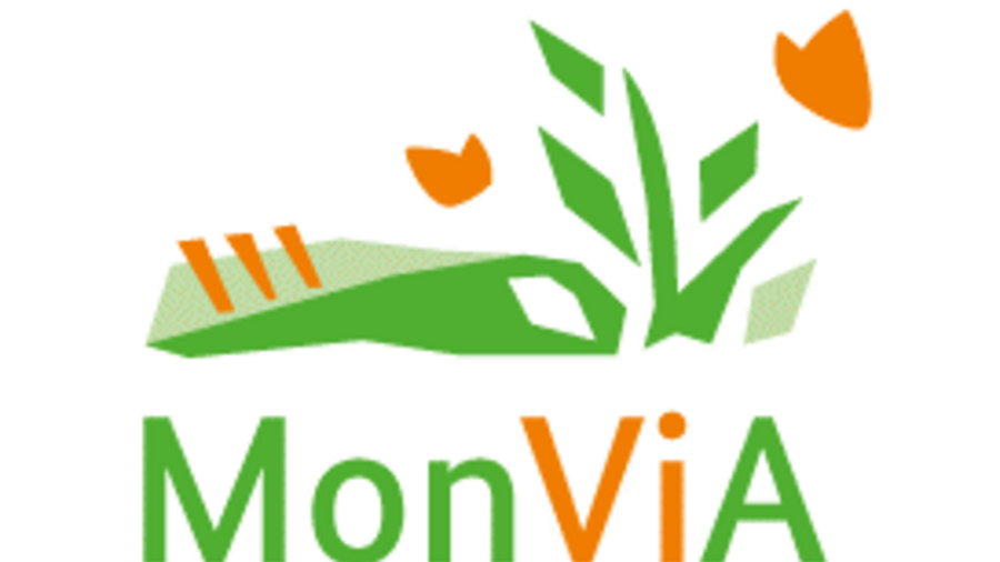 MonViA Logo bestehend aus grüner Blumenwiese mit orangenen Akzenten
