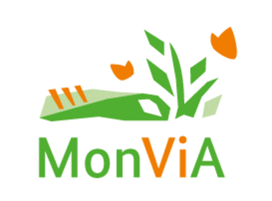MonViA Logo bestehend aus grüner Blumenwiese mit orangenen Akzenten